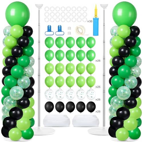 Image of 2 Sets Green and Black Balloon Column Stand Kit with 102 Balloons Adjustable Balloon Tower Stand with Bases for Floor Confetti Balloons Column Kit for Graduation Birthday Appreciation Party Decor