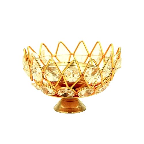 Yuktha Eternals Crystal Pyali Diya | Decorative Brass Crystal Oil Lamp, Small Size Diwali Lantern Deep Jyot Diwali Gifts Home Decor Puja Lamp Tea Light Holder.