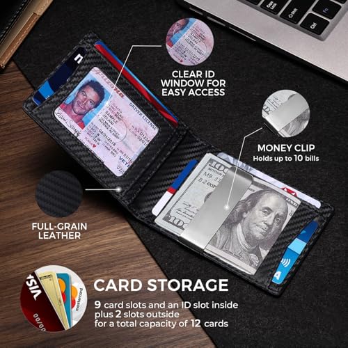 Image of Zitahli Genuine Leather Wallet for Men 12 Card Slim Mens Wallets Bifold RFID Blocking with Money Clip & ID Window Thin Minimalist Card Holder Wallet with Gift Box