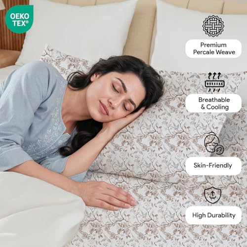 Image of LINENWALAS 100% Cotton Elastic Fitted Bed Sheet for Single Size Bed | Fits 6-12 Inch Mattress | Soft Breathable OEKO-TEX Certified Premium Bedsheet with 1 Pillow Cover (36x78 Inches, Whispering Wings)