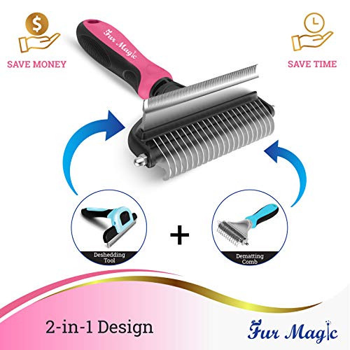 Image of Fur Magic Deshedding and Dematting Tool, 2 Sided Pet Grooming Brush for Deshedding, Mats and Tangles Removing for Dogs and Cats with Long, Medium and Short Hair, Pink
