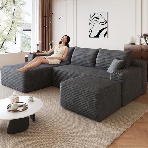 Image of 95 inch Modular Sectional Sofa with Ottoman, Modern Corduroy Cloud Couch Deep Seat, Boneless Couch Upholstered 3-Seater U-Shaped Sofa for Living Room, No Assembly (Dark Gray,Left-Facing Chaise)