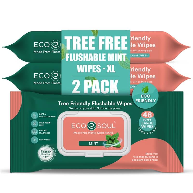 Image of ECO SOUL [Pack of 2, 96 Count] Flushable Extra-Large Adult Wipes-Mint | Eco-Friendly Compostable| 99% Purified Water, Hypoallergenic,Soft Wipes, BPA