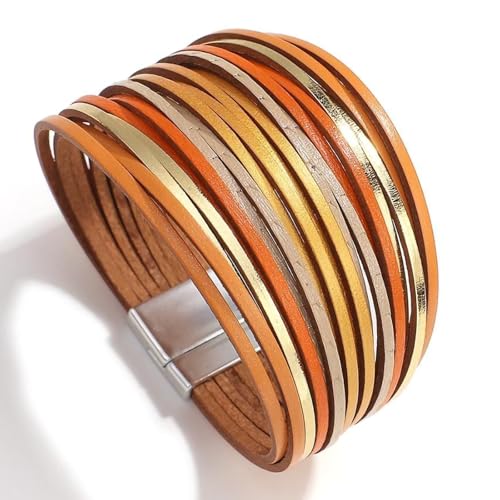 Fesciory Boho Leopard Print Leather Wrap Bracelet for Women, Multi-Layer Crystal Bead Cuff Jewelry in Short Orange - Image 3