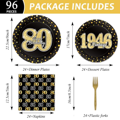 Image of 96PCS 80th Theme Birthday Party Tableware Vintage 1946 Party Supplies 80 Year Old Birthday Decorations Plates Napkins Forks Black and Gold Dinnerware Favors for Men or Women