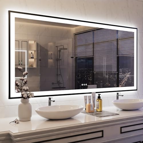 Image of ISKM Framed LED Mirror for Bathroom 66 inchx36 inch, Dimmable LED Bathroom Mirror with Lights, Anti-Fog, Front and Backlit Lighted Mirror 3-Colors, Shatterproof, Memory Function