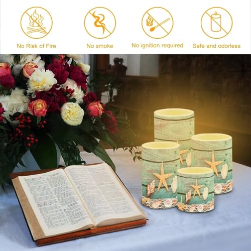 Image of Flameless Light Candles Battery Operated Candles with Color Changing Timer Remote Control Fake Pillar Candle Tealights Home Indoor Beach Coastal Decoration, Starfish Shell Wood Grain