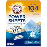 ARM & HAMMER Power Sheets Laundry Detergent Plus OxiClean Stain Fighters, Clean Cotton Scent, 52 Count, 104 Medium Loads