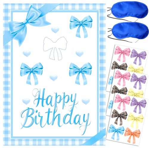 JU XIN Bowknot Birthday Party Decoration,Holiday Party Decoration Set Cute Bowknot Stickers, Large Poster and 24 Bowknot Themed Birthday Gift Stickers (Blue)