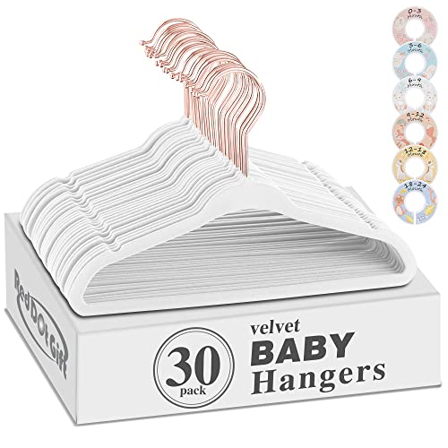 Red Dot Gift® 30-Pack White Baby Velvet Hangers 11Inch - Nursery Clothes Hangers Non Slip Toddler Hangers, 360 Chrome Rose Gold Hook with 6 Pieces Baby Clothing Dividers (White# + Divider, 30)