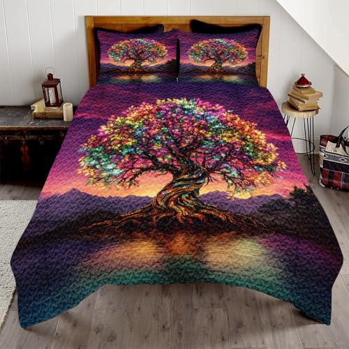 PREAUREUM Tree of Life Quilt Set – Lightweight All-Season Bedspread with Pillowcase, Nature-Inspired Spiritual Throw/Twin/Full/Queen/King Sizes (Purple Tree)