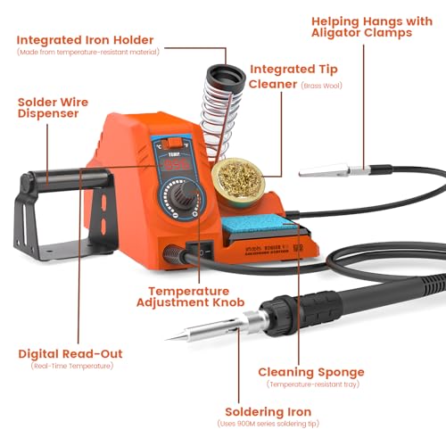 Image of 926LED V3 Entry-Level 60W Soldering Station Iron Kit in Orange with Temperature Control includes Helping Hands, Lead-Free Solder, 6 Soldering Tips, ESD-Safe Tweezers, Sleep Mode