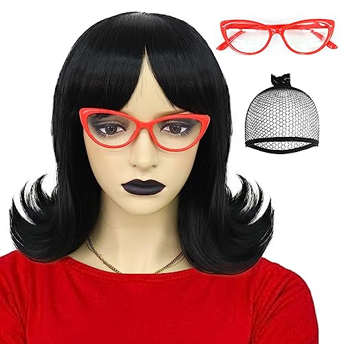 JoneTing Blacked wig Short Black Bob Wig for Women【+1 Wig Cap +1 Red Glasses】 Short Bob Wigs Black Synthetic Hair Wigs for Costume Halloween Party Cosplay Outfits