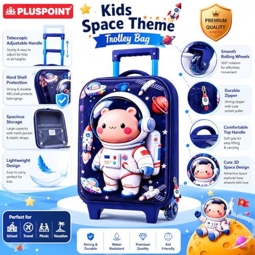 Image of PLUSPOINT Space Theme Kids Trolley Bag | 16 Inch Hard Shell Cabin Luggage with Wheels | Lightweight Travel Suitcase for Bo-AT-RRys & Girls | School Trips, Vacations, Holidays & Weekend Travel
