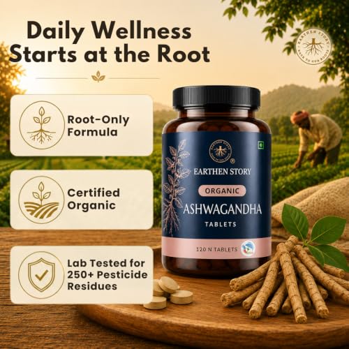 Image of Earthen Story Certified Organic Ashwagandha Tablets (120 Tablets) | Lab Tested for 190+ Pesticides | Ayurvedic Root Adaptogen for Stress, Sleep & Strength | Vegan, Non-GMO