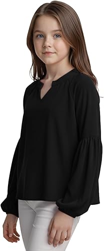 Noomelfish Girls Long Sleeve Shirts Chiffon Blouses Kids Cute V Neck Casual Loose Tops Tee (7-14 Years)(Black,13-14 Years)