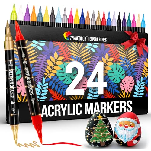 Zenacolor 24 Acrylic Paint Markers - Dual Tip (Fine Brush Tip) - Acrylic Paint Pens for Wood, Canvas, Stone, Rock Painting, Glass, Ceramic Surfaces, DIY Crafts Making Art Supplies.