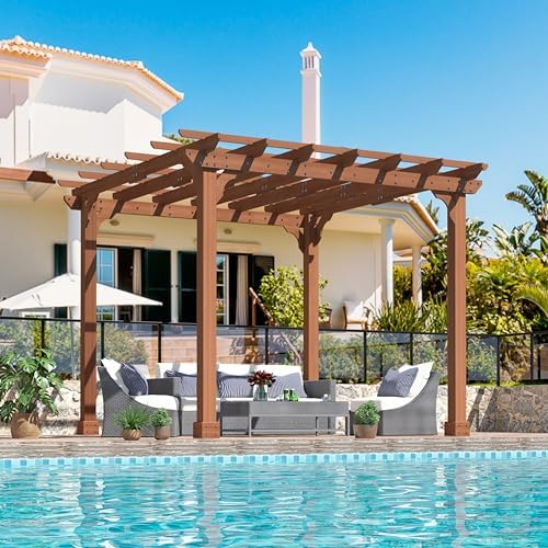 MUPATER 10×10 FT Wooden Pergola with Roof, Wood Pergola Kit with Stakes, Outdoor Shelter Structure for Climbing Plant Support, All-Season Durability, Shade for Patio, Backyard, Deck, Lawn