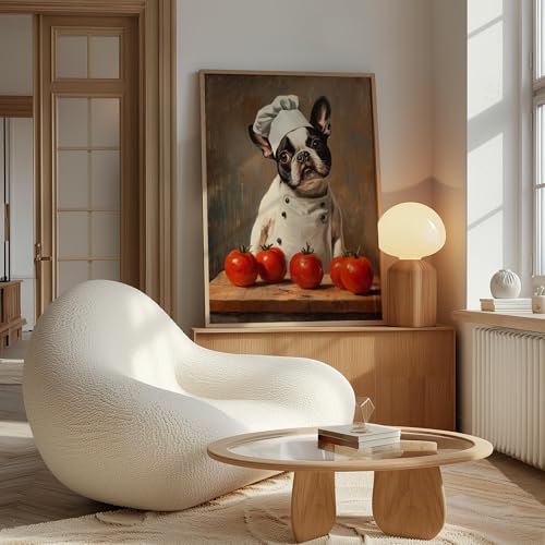 Image of aj decor Boston Terrier Chef Kitchen Wall Art Print Poster, Dog Pet Lover Picture Painting Artwork Bedroom Living Room Office Dining Room 150D (Boston Terrier Chef Kitchen, 11 inch W x 14 inch L, Wood Frame)