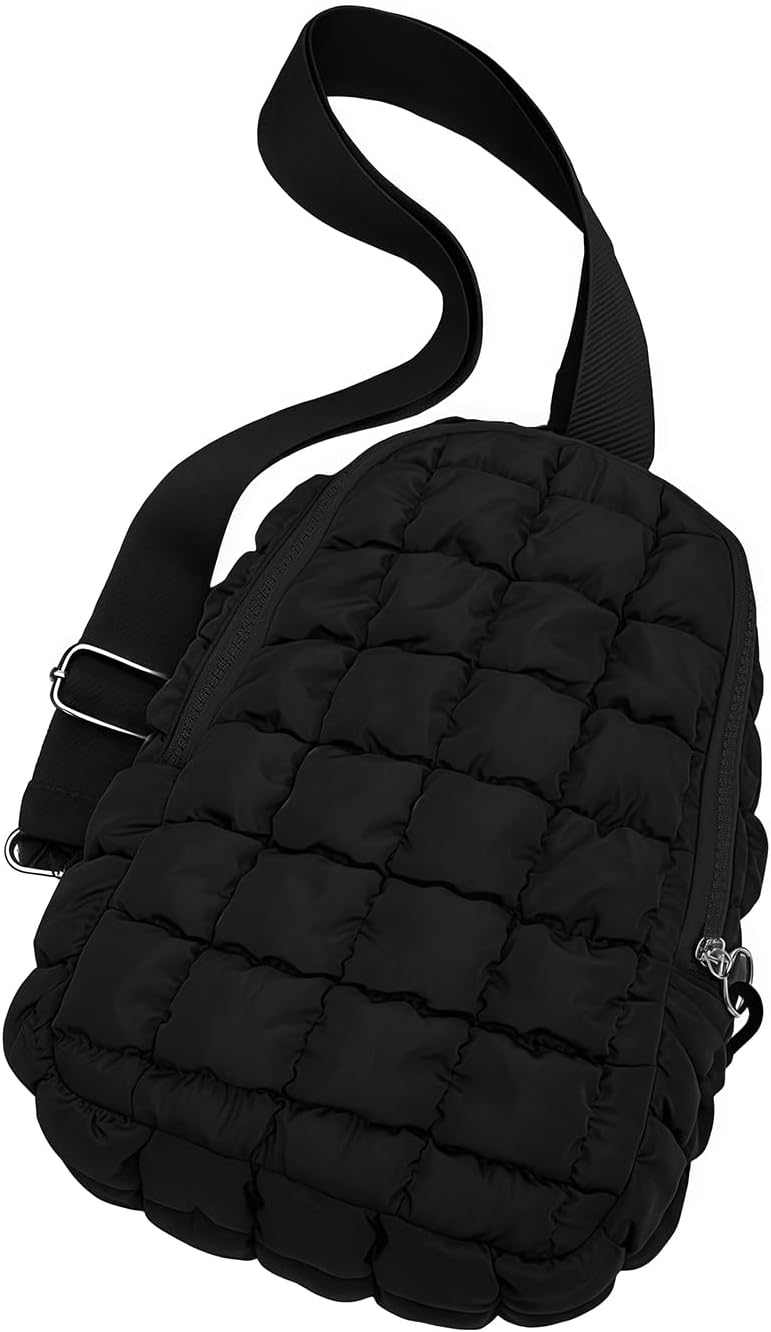 Puffer Bag Quilted Sling Backpack for Women Men Puffy Nylon Daypack Crossbody Chest Purse,Black