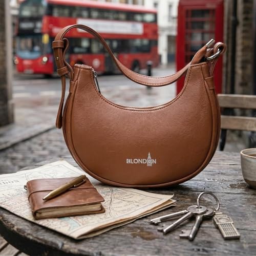 Image of K London Women's Vegan Leather Half Moon Bag | Stylish Black Shoulder Hobo | Compact Baguette Purse for Office, Casual, Party & Travel Use