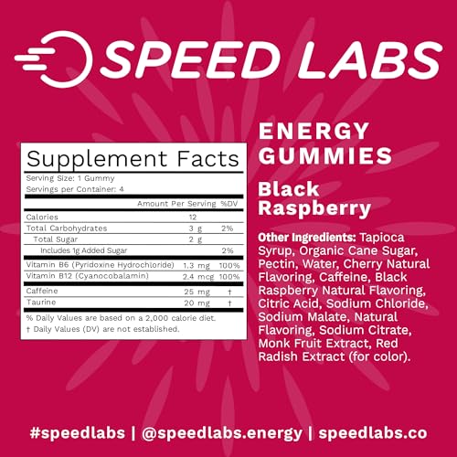 Image of Speed Labs Caffeine Energy Gummies Black Raspberry Natural, 25mg Caffeine, Taurine, B-Vitamins per Piece, 30 Pieces, Vegan, Gluten Free, 1g Added Sugar