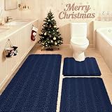 ACCUMTEK Striped Navy Blue Bathroom Rug Set 3 Pieces Ultra Soft, Non Slip Chenille Toilet Mat, Absorbent Plush Shaggy Bath Mats for Bathroom, Bedroom, Kitchen