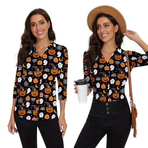 Image of Soneven Womens Golf Polo Shirts 3 /4 Long Sleeve V Neck Button Down Shirts Business Causal Work Blouses Tops