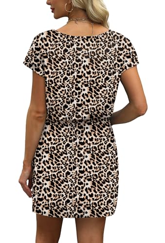 Image of OFEEFAN Summer Dresses for Women 2026 V Neck T Shirt Casual Mini Dresses Tie Waist Sundresses with Pockets