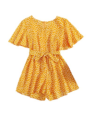 Soly Hux Girl's Floral Print Ruffle Short Sleeve Belted Romper V Neck Wide Leg Shorts Jumpsuit Mustard Yellow 9Y #TOP13