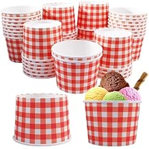 50 Pcs Red and White Gingham Ice Cream Cups ThanksGiving Day Treat Bowls Buffalo Plaid Paper Cups Christmas Food Containers Snack Bowl For Hot Cold Soup Yogurt