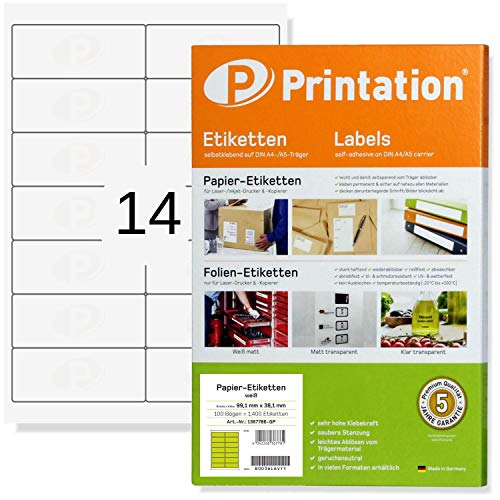 Printation Etiquetas autoadhesivas 99,1 x 38,1 mm, blancas/imprimibles, Pack de 25 hojas A4, 350 etiquetas/pegatinas, 14 etiquetas por hoja - Labels 99x38 para sobres, Papel adhesivo para imprimir