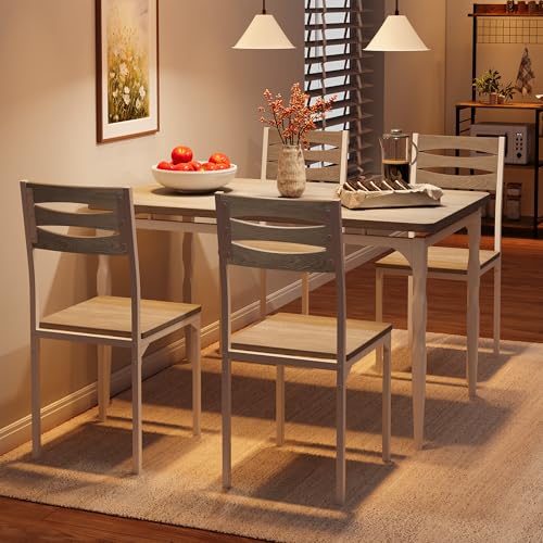 Image of Garvee 5 Piecs Dining Table Set, Farmhouse Style Dining Table and Chairs Set for 4, Dining Set for Dining Room Kitchen Apartment, Grey