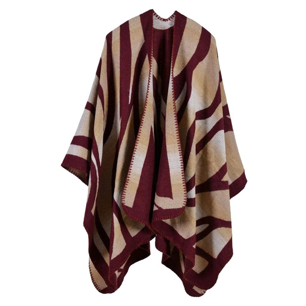 Women Shawl Wrap Camouflage Poncho Cape Thickened Cardigan Sweater Wine Red-image-43