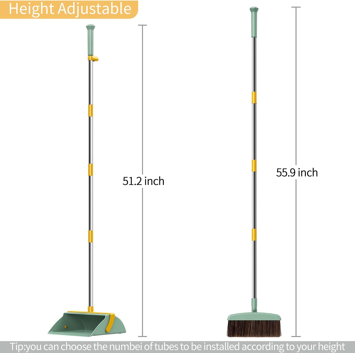 Serdary Broom and Dustpan Set Cleans with Adjustable 55" Long Handle for Home Kitchen Room Office Lobby Floor Use Upright Stand Up Broom Dustpan Combo (Green)