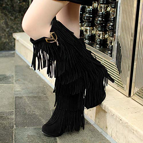 Bubumei Womens Fringe Tassel Stiletto Boots Faux Suede Moccasin High Heel Western Cowboy Knee High Boot4