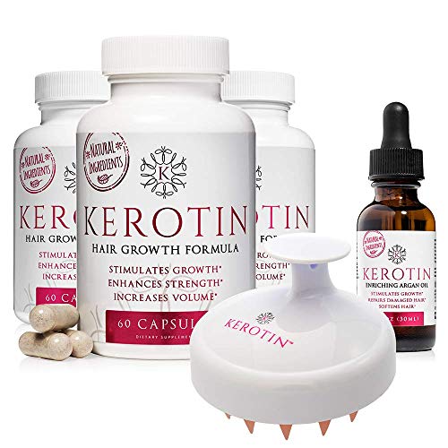 Kerotin Wear The Crown Combo: Stimulates Hair Growth, Prevents Damage, & Repairs Hair - Grow Stronger, Longer Hair Naturally w/ 3 Bottles of Kerotin Vitamins, 1 Enriching Argan Oil & 1 Scalp Massager