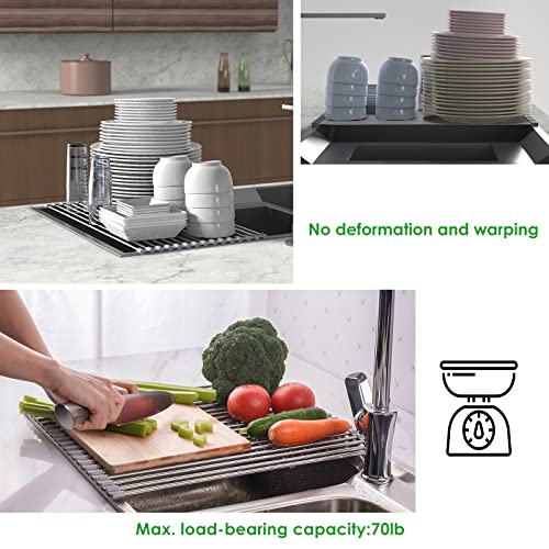 Tomorotec Roll Up Dish Drying Rack Over The Sink Grey Large Dish Drying Rack Rolling Foldable Collapsible Sus304 Stainless Steel Multipurpose Dish Drainer For Kitchen Counter (17.8”X15.7”) #TOP3