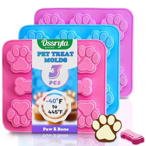 Ossryta 3Pcs Puppy Paw & Bone Silicone Molds - Non-Stick Candy Mold Reusable Ice Cube Molds for Frozen Dog Treats Chocolate Jelly Biscuit - Food Grade 2-in-1 Dog Treat Mold for Baking and Freezing