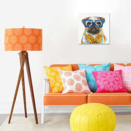 Pug French Bulldog Wall Art - Funny Dog Canvas Poster For Kids' Room 12X12Inch - Colorful Puppy With Earphone Pictures Framed Ready To Hang #TOP5