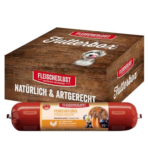 Fleischeslust Hundewurst | Feines Geflügel mit Süßkartoffel, Heidelbeere & Kamille | Futterbox (8x400g) | Nassfutter | schnittfest | getreidefrei | Alleinfuttermittel für Hunde
