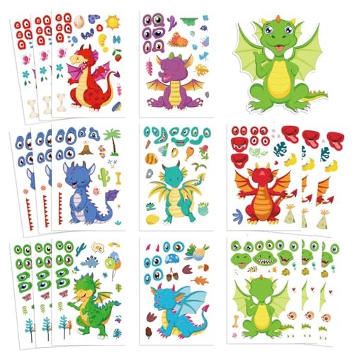 16 Sheet Cartoon Dragon Stickers Make Your Own Dragon Sticker for Teens, DIY Make-a-face Sticker Teens Adult Dragons Birthday Party Decorations,Dragons Craft Birthday Party Favor Supplies (Dragon)