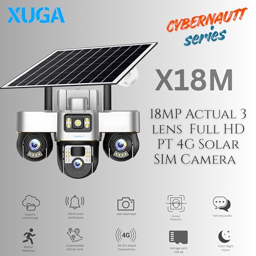 Image of XUGA - Cybernautt Series X18M 18MP 3 Lens PTZ Dual Solar 4G Sim Outdoor CCTV Camera with 3 View |Night Vision | Motion Detection| All 3 Lens Mobile Controlled | Use Air-tel 4G Sim