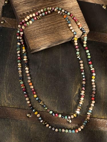 MINACHI Colorful Irregular Beaded Long Necklace, Coated Reflective Glass Beads, Bohemian Vintage Chunky Costume Jewelry for Women 5