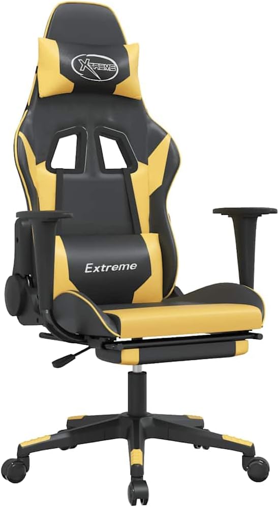 vidaXL Massage Gaming Chair for Adult, Reclining Computer Chair with Footrest and Headrest, Height Adjustable Office Chair with 360°-Swivel Castors, Black and Gold Faux Leather