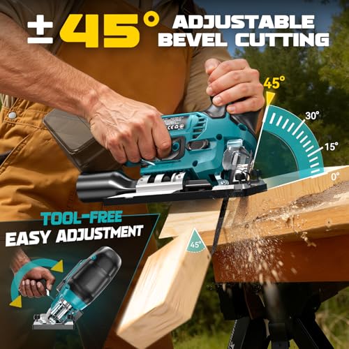 Image of Ecarke Cordless Jig Saw Compatible With Makita 18V Battery, Brushless Motor 3800RPM, 7 Speeds Dial Control, Free-Tool ±45 Bevel Cuts, 4 Orbital Action, Dust Blows and 6 Blades For Cutting, Tool Only