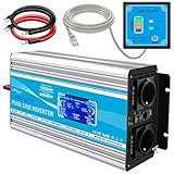 CARRYBATT 1500W kfz Spannungswandler Wechselrichter Reiner Sinus 24V auf 230V-inkl.5 Meter Fernsteuerung-2-EU-AC-steckdoses & 1 USB &LCD Anzeige für Auto, Wohnwagen,Camping