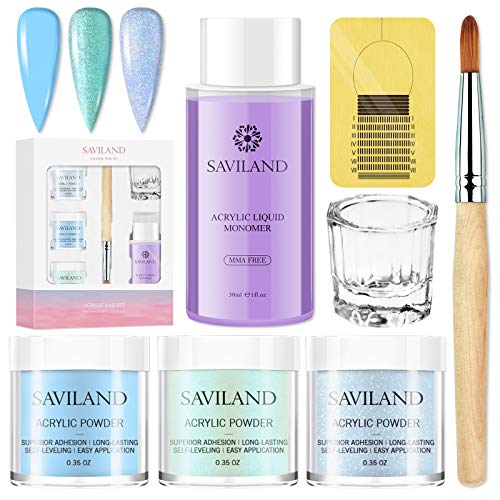 Saviland Acrylic Powder and Liquid Set - Professional Acrylic Nail Powder System with Acrylic Liquid Monomer Frozen Blue Color Polymer Powder Nail Kit for Nail Extension