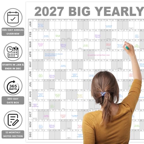 Image of 2027 Dry Erase Wall Calendar - Jan 2027- Dec 2027, 35.2 inch x 50 inch | Large Yearly Calendar 2027, 12-Month Note Section & 365 Daily Block, Round Stickers, Ideal for Home, Office and School - Gray