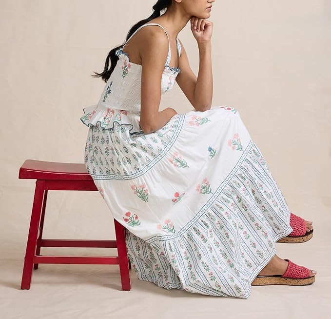 Women Floral Maxi Dress Sleeveless Smocked Ruffle Flowy Boho Sundress with Pockets Summer Vacation4